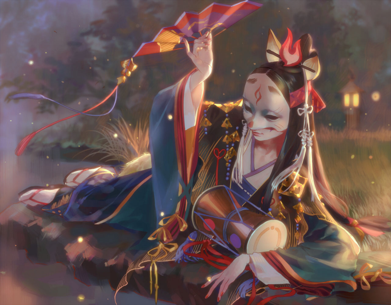 all_male, animal_ears, black_hair, drums, emg_(christain), fan, grass, instrument, japanese_clothes, kimono, long_hair, male, mask, onmyouji, realistic, socks, tamamo_no_mae_(onmyouji)