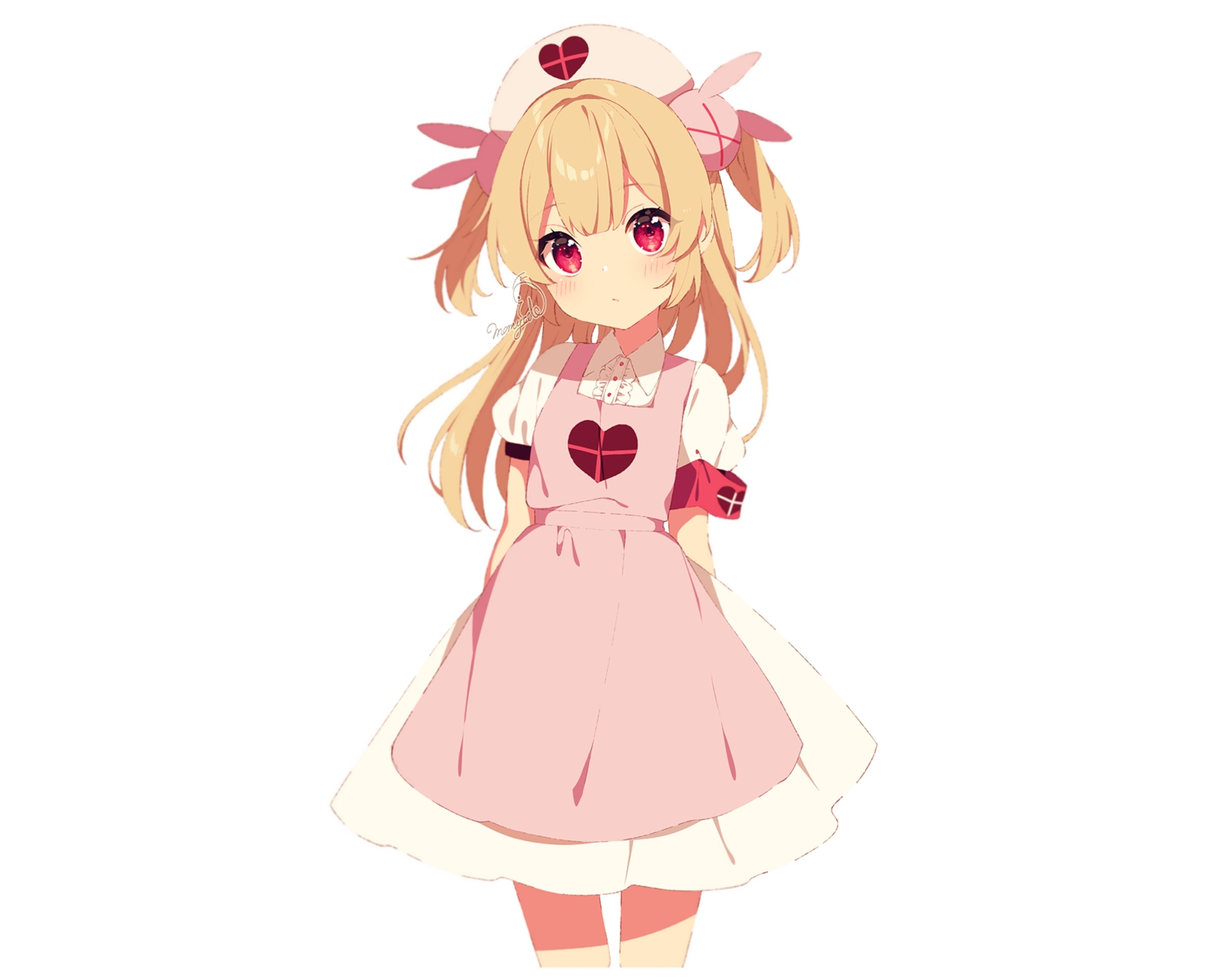 apron, blonde_hair, blush, headdress, long_hair, mamyouda, natori_sana, nurse