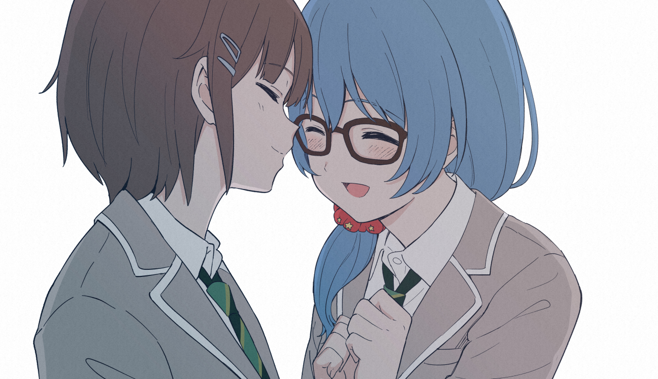2girls, asahi_rokka, bang_dream!, blue_hair, blush, brown_hair, close, ponytail, school_uniform, shiba_murashouji, short_hair, shoujo_ai, tie, toyama_asuka, white
