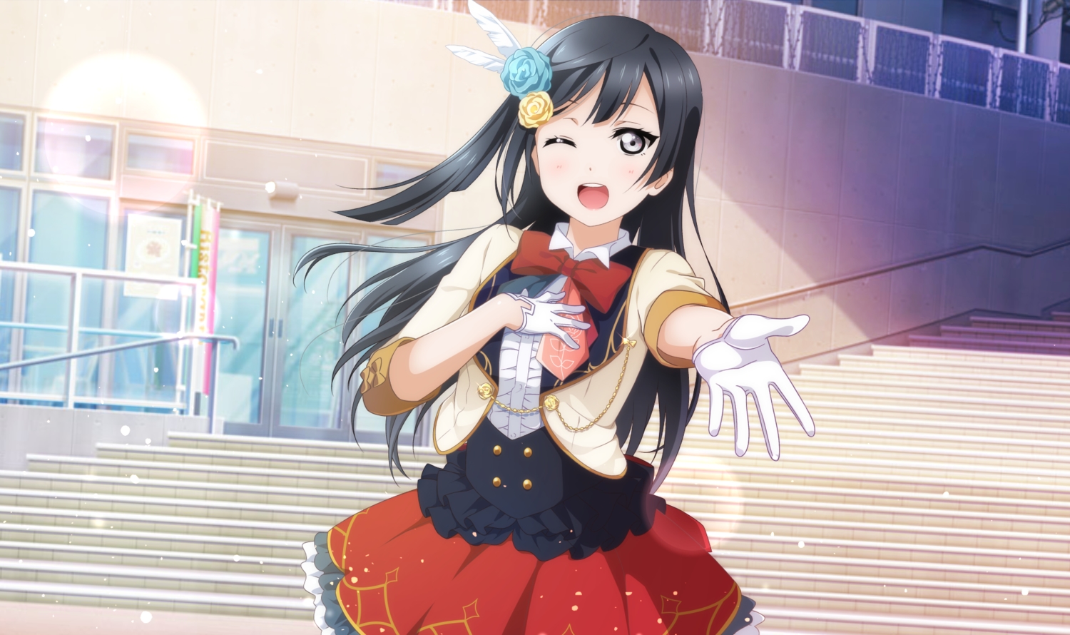 black_eyes, black_hair, bow, gloves, kuusuke_(yo_suke39), long_hair, love_live!_nijigasaki_high_school_idol_club, love_live!_school_idol_project, nakagawa_nana, skirt, stairs, wink