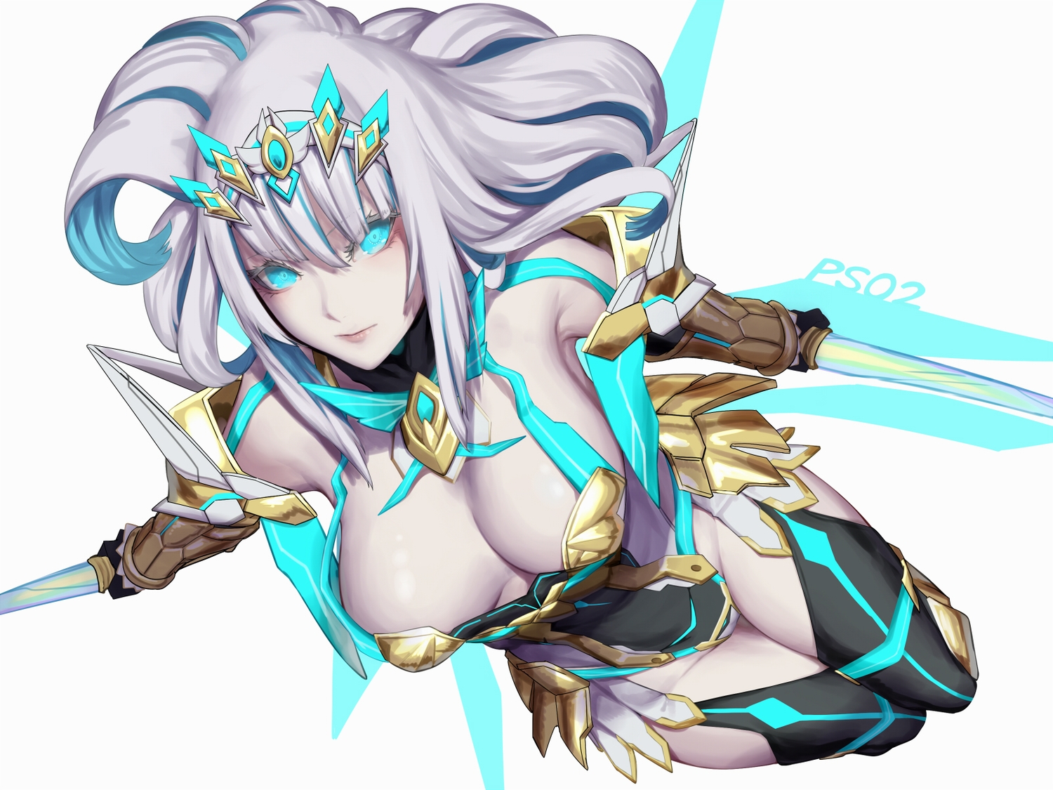 aqua_eyes, breasts, elbow_gloves, gloves, gray_hair, kumiko_shiba, long_hair, phantasy_star_online