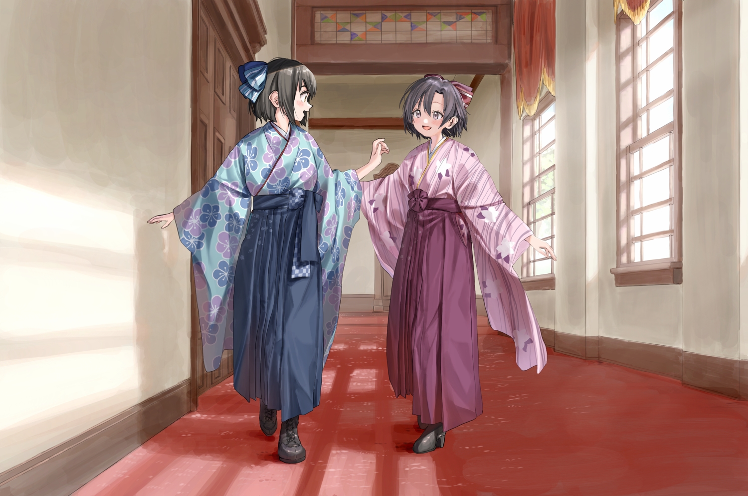 2girls, black_hair, blush, brown_eyes, idolmaster, idolmaster_cinderella_girls, japanese_clothes, kimono, seisei_tamago, shiragiku_hotaru, short_hair, takafuji_kako