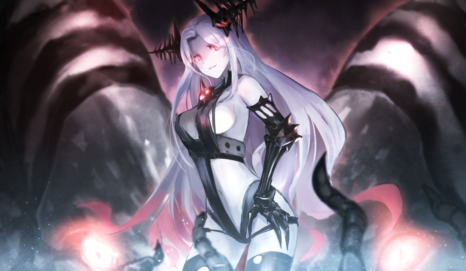 batavia_hime, breasts, elbow_gloves, gloves, kantai_collection, long_hair, pink_eyes, sideboob, thighhighs, weasel_(close-to-the-edge), white_hair
