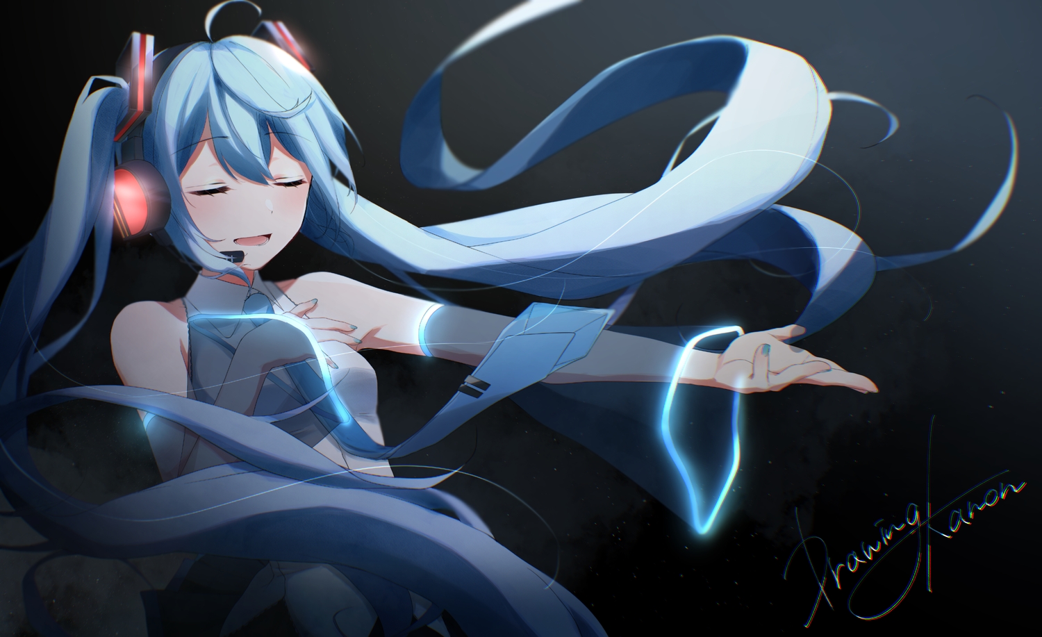 black, blue_hair, drawing_kanon, gradient, hatsune_miku, headphones, long_hair, microphone