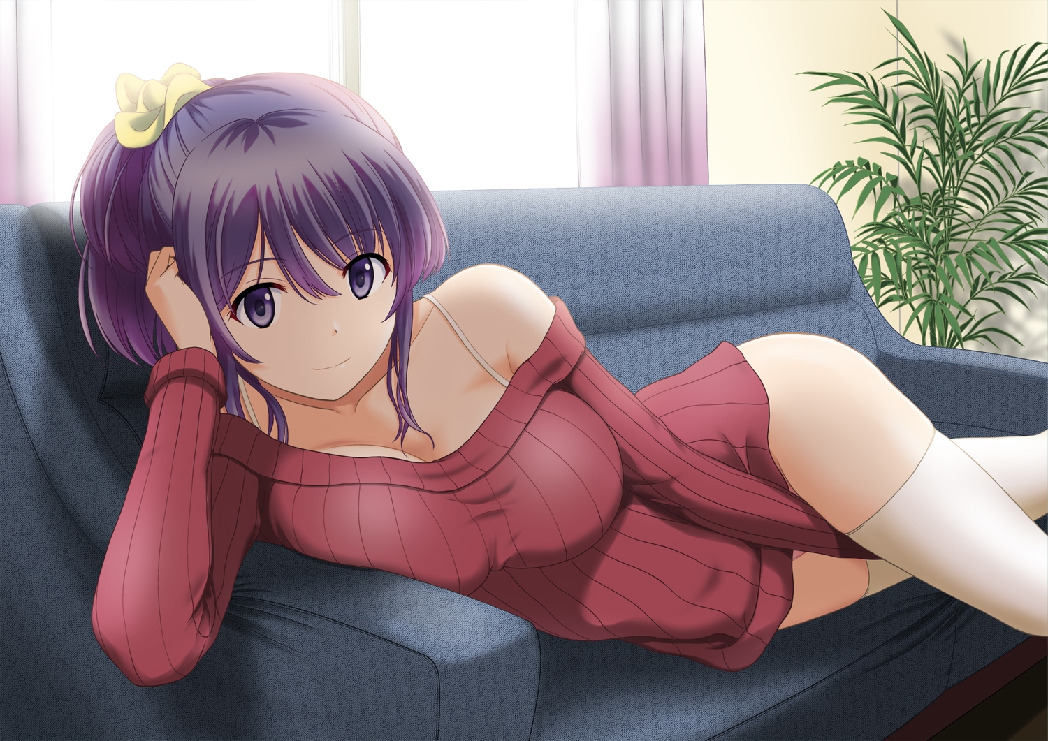 couch, original, ponytail, purple_eyes, purple_hair, satou_chagashi, thighhighs