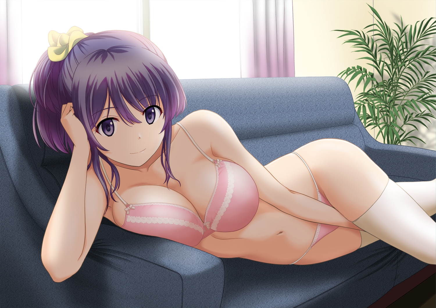 breasts, cleavage, couch, original, ponytail, purple_eyes, purple_hair, satou_chagashi, thighhighs, underwear
