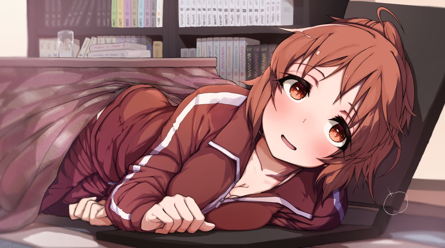 abe_nana, blush, book, brown_hair, gym_uniform, idolmaster, idolmaster_cinderella_girls, kotatsu