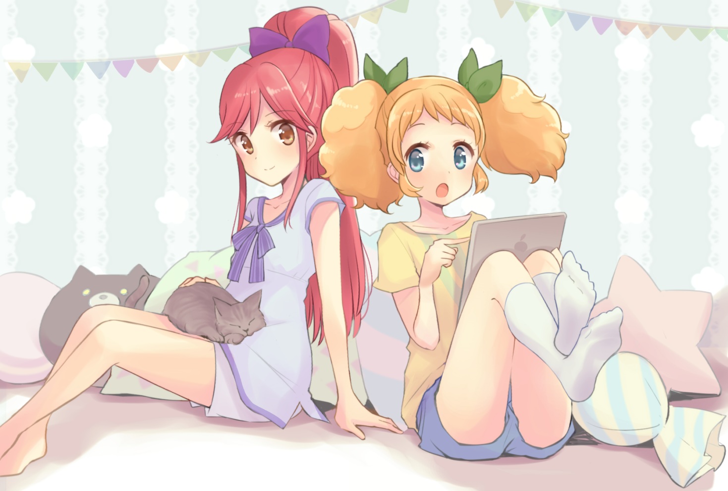 2girls, aikatsu!, animal, blue_eyes, bow, brown_eyes, cat, computer