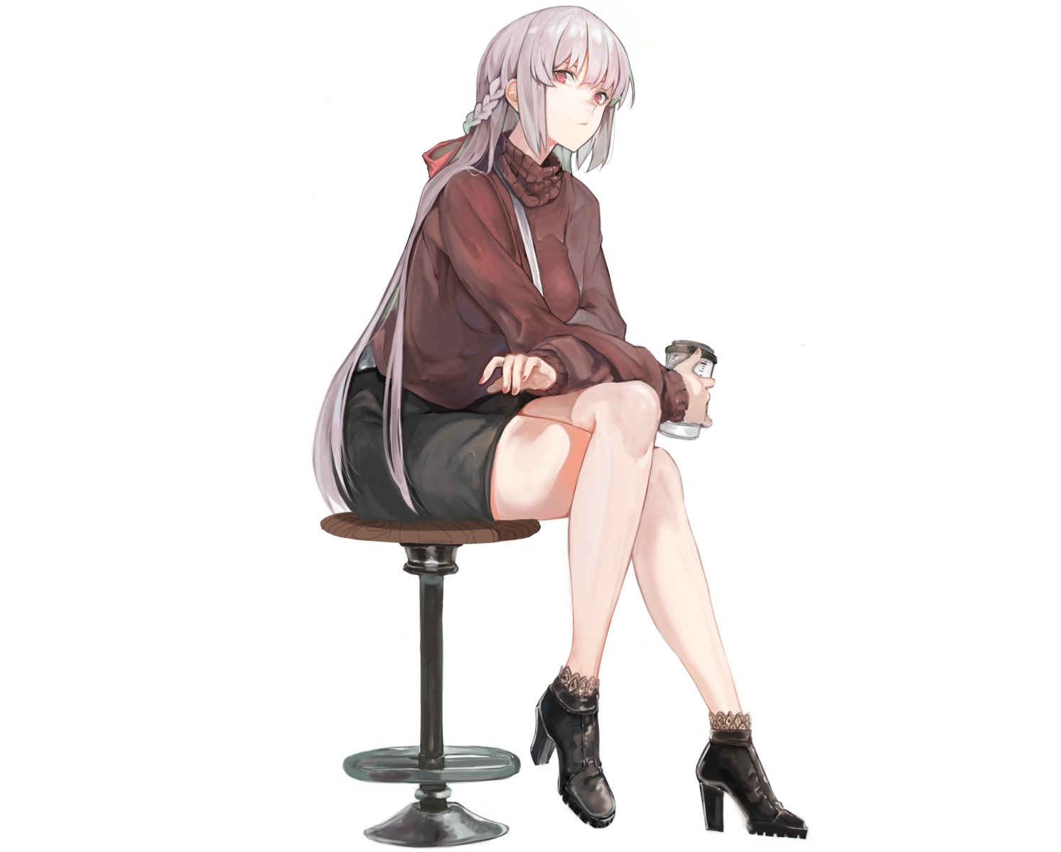 boots, braids, drink, fate/grand_order, fate_(series), florence_nightingale, harutask, long_hair, purple_hair, red_eyes, skirt, white