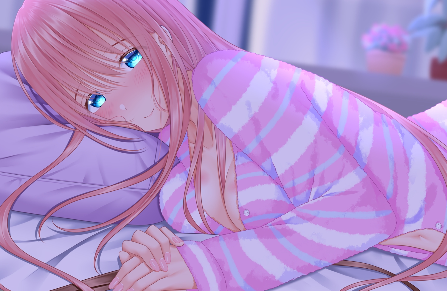 aqua_eyes, bed, blush, breasts, cleavage, long_hair, naginagiwaffle, original