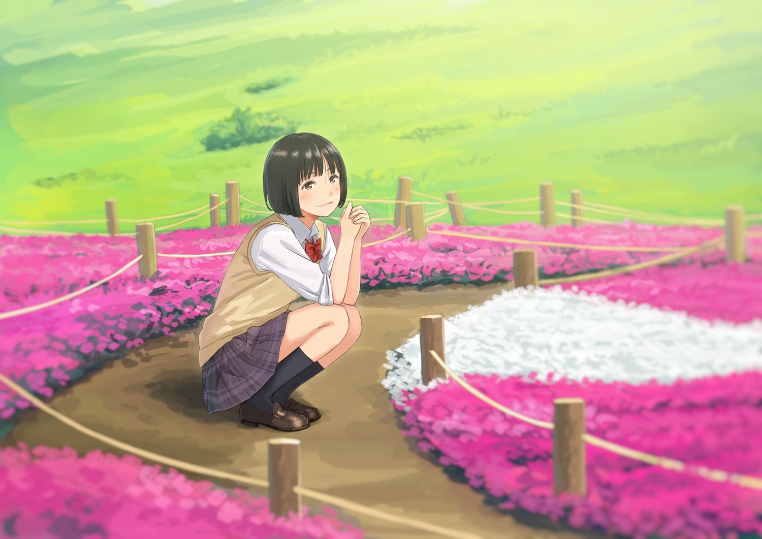 black_hair, blush, bow, brown_eyes, grass, kneehighs, kyak_bamboo, original