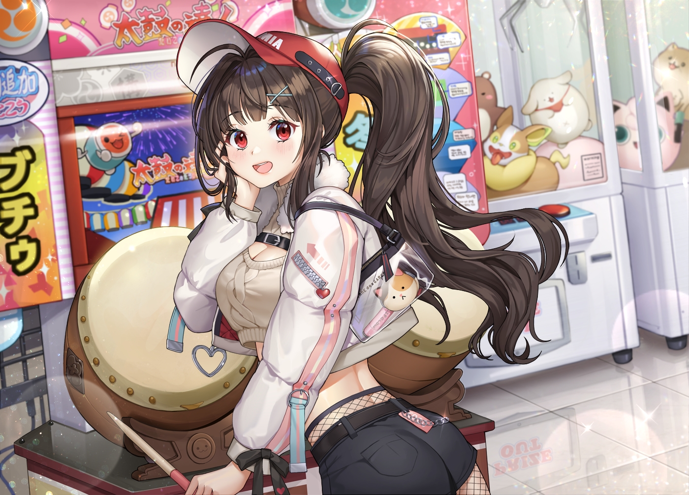 ass, black_hair, blush, breasts, buchu, cleavage, drums, hat