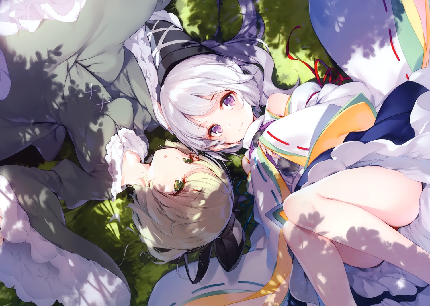 2girls, dress, gray_hair, japanese_clothes, ke-ta, mononobe_no_futo, purple_eyes, scan