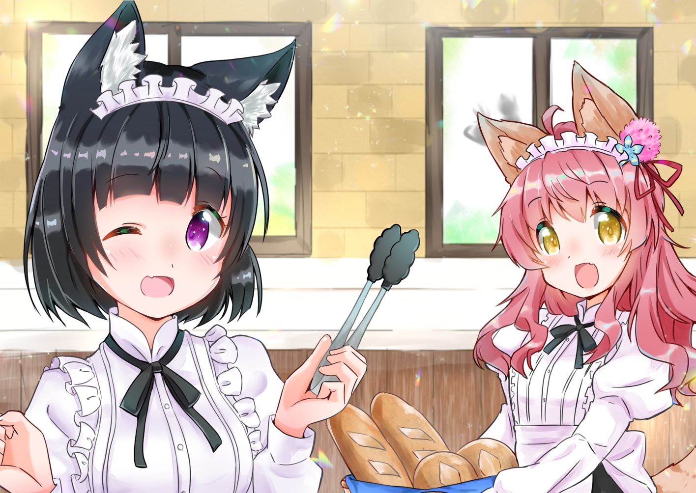 2girls, animal_ears, apron, black_hair, blush, bow, fang, food, headdress, long_hair, maid, original, pink_hair, purple_eyes, ribbons, short_hair, waitress, wink, wolfgirl, yellow_eyes, yokoshima_(euphoria)