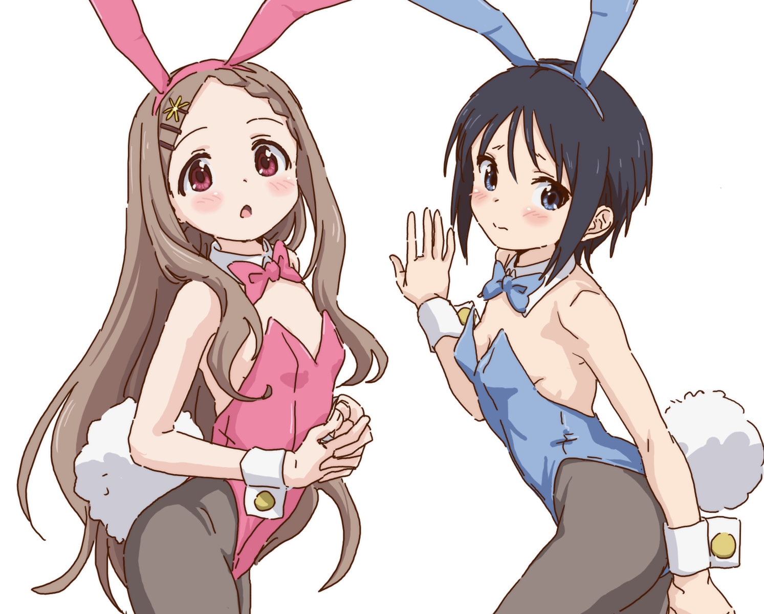 2girls, animal_ears, aoba_kokona, black_hair, blue_eyes, blush, bow, brown_hair, bunny_ears, bunnygirl, cropped, flat_chest, headband, kurosaki_honoka, leotard, loli, long_hair, pantyhose, red_eyes, short_hair, sketch, tail, white, wristwear, yama_no_susume, yougiri