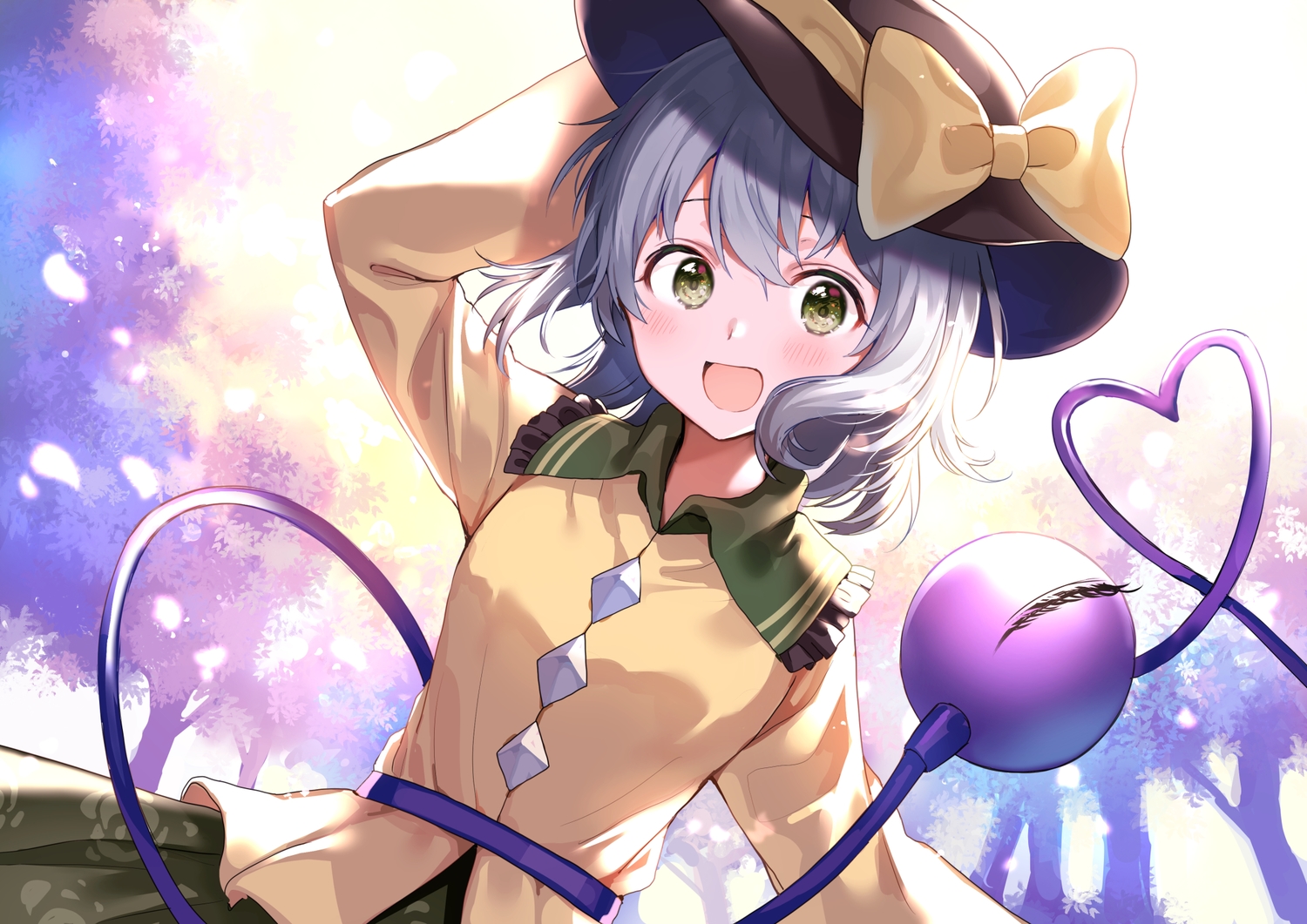 blush, bow, gray_hair, green_eyes, hat, komeiji_koishi, nishizawa, short_hair