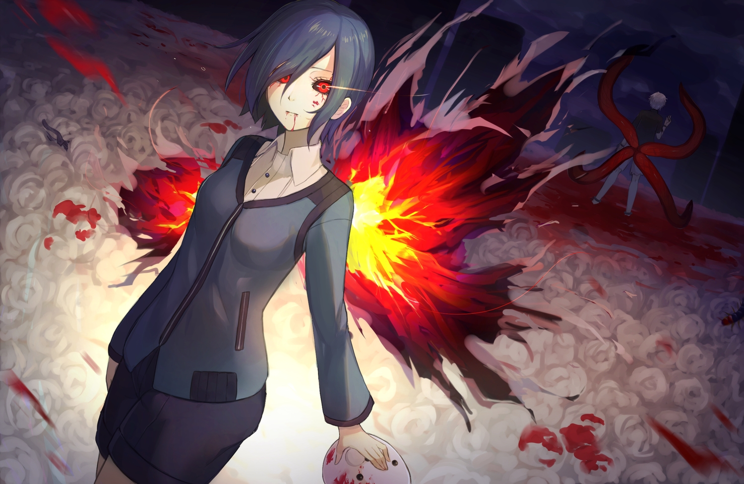 black_hair, blood, ikasoba, kaneki_ken, kirishima_touka, male, red_eyes, short_hair, skirt, tokyo_ghoul, wings