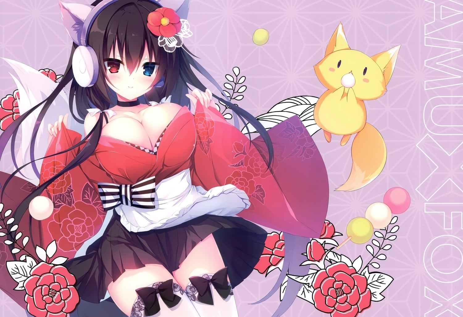 animal, animal_ears, bicolored_eyes, black_hair, bow, breasts, choker, cleavage, food, fox, foxgirl, headphones, japanese_clothes, long_hair, muku_(apupop), original, scan, tail, thighhighs, zettai_ryouiki