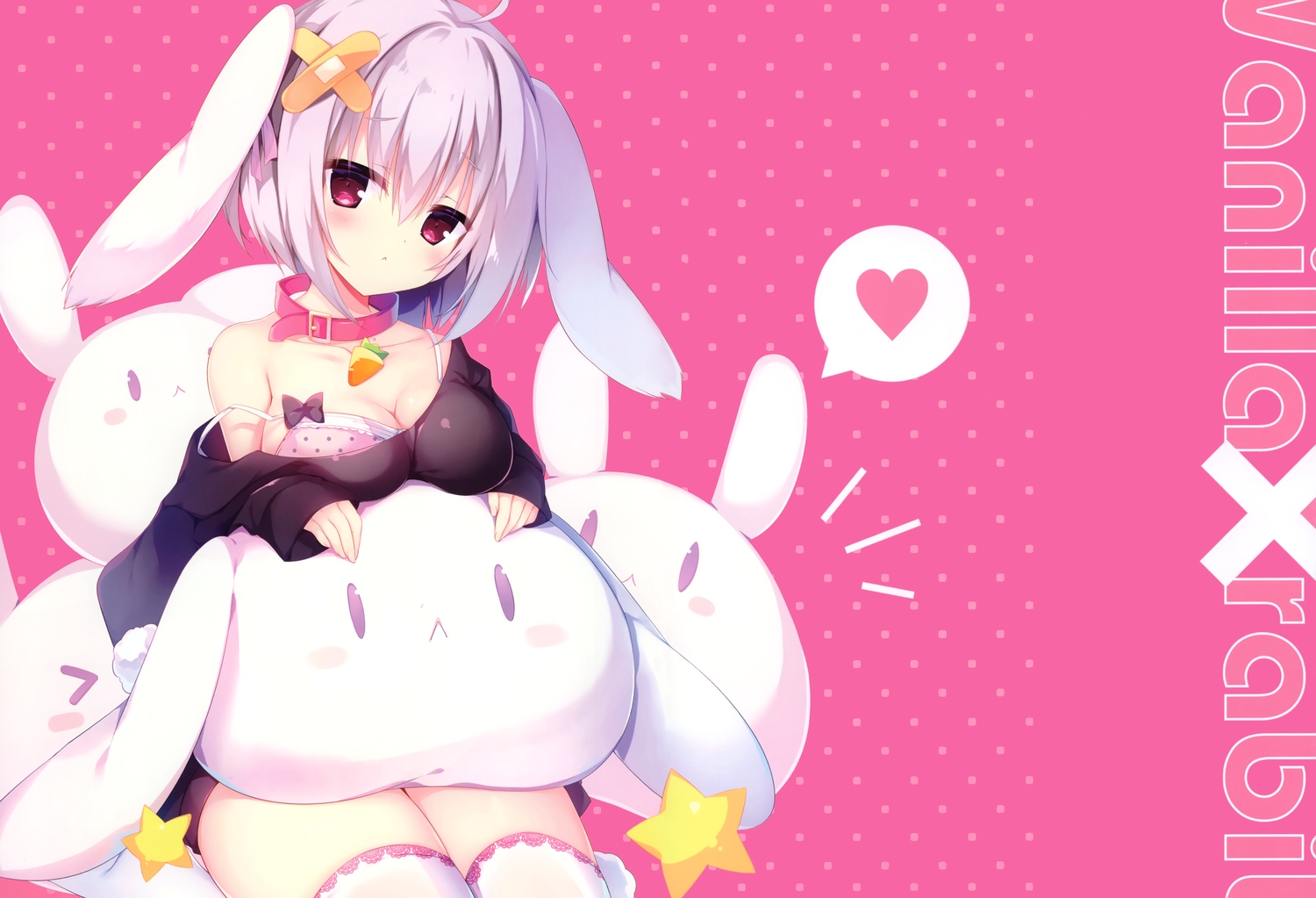 animal_ears, blush, breasts, bunny_ears, bunnygirl, cleavage, collar, gray_hair, muku_(apupop), original, pink, pink_eyes, red_eyes, scan, short_hair, thighhighs