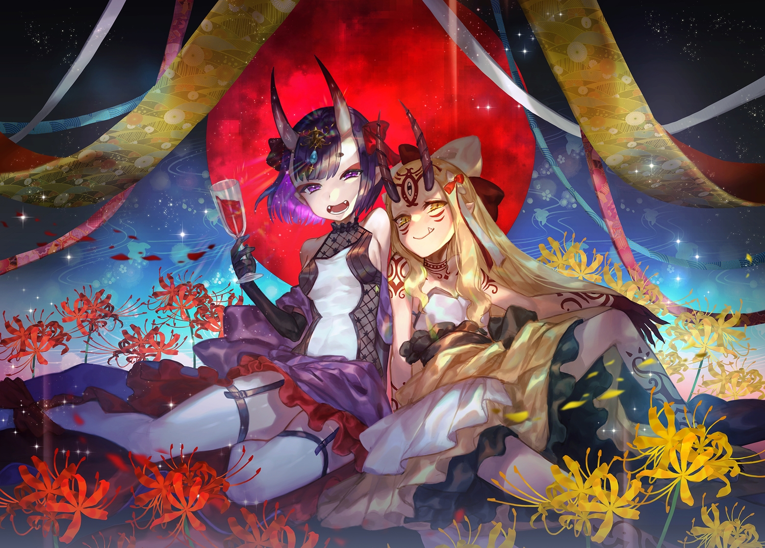 2girls, demon, drink, emoillu, fang, fate/grand_order, fate_(series), flowers, horns, ibaraki_douji_(fate), long_hair, pointed_ears, short_hair, shuten_douji_(fate)