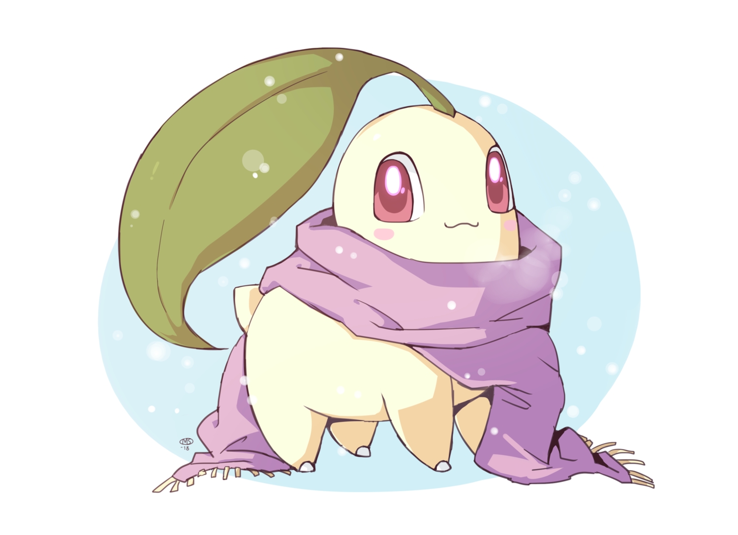 cat_smile, chikorita, leaves, milka_(milk4ppl), no_humans, pokemon, scarf, signed