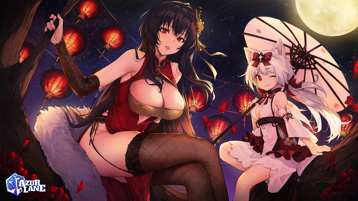 2girls, animal_ears, anthropomorphism, azur_lane, black_hair, breasts, catgirl, chinese_clothes