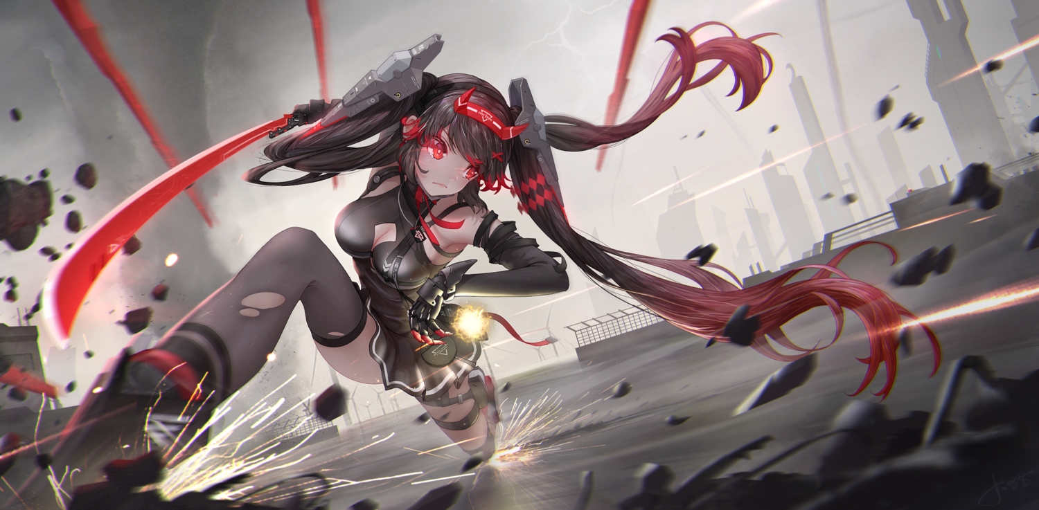 black_hair, jay_xu, lucia_(pgr), punishing:_gray_raven, red_eyes, sword, techgirl, thighhighs