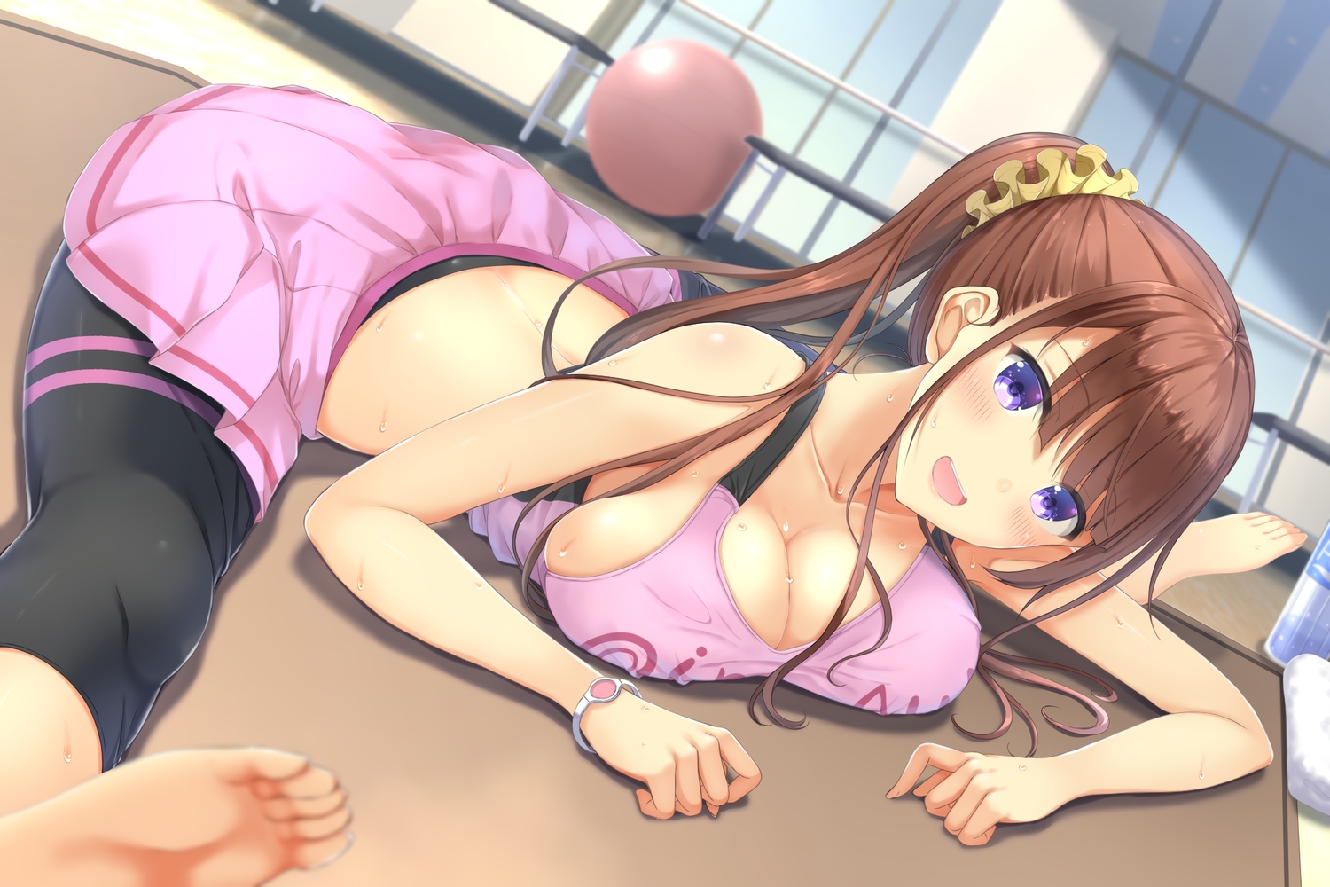 barefoot, breasts, brown_hair, cleavage, kinakomochi_(egoist), long_hair, original, ponytail, purple_eyes, spread_legs, wet