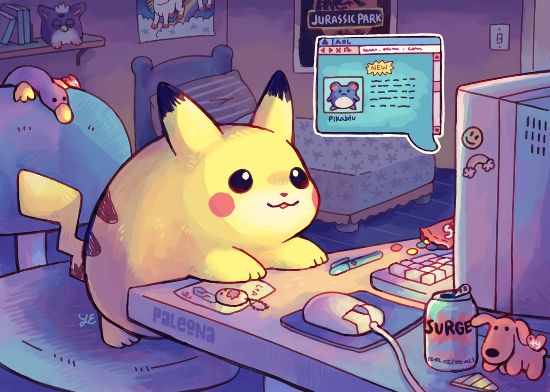 bed, book, candy, computer, drink, marill, no_humans, paleona, pikachu, pokemon, waifu2x, watermark