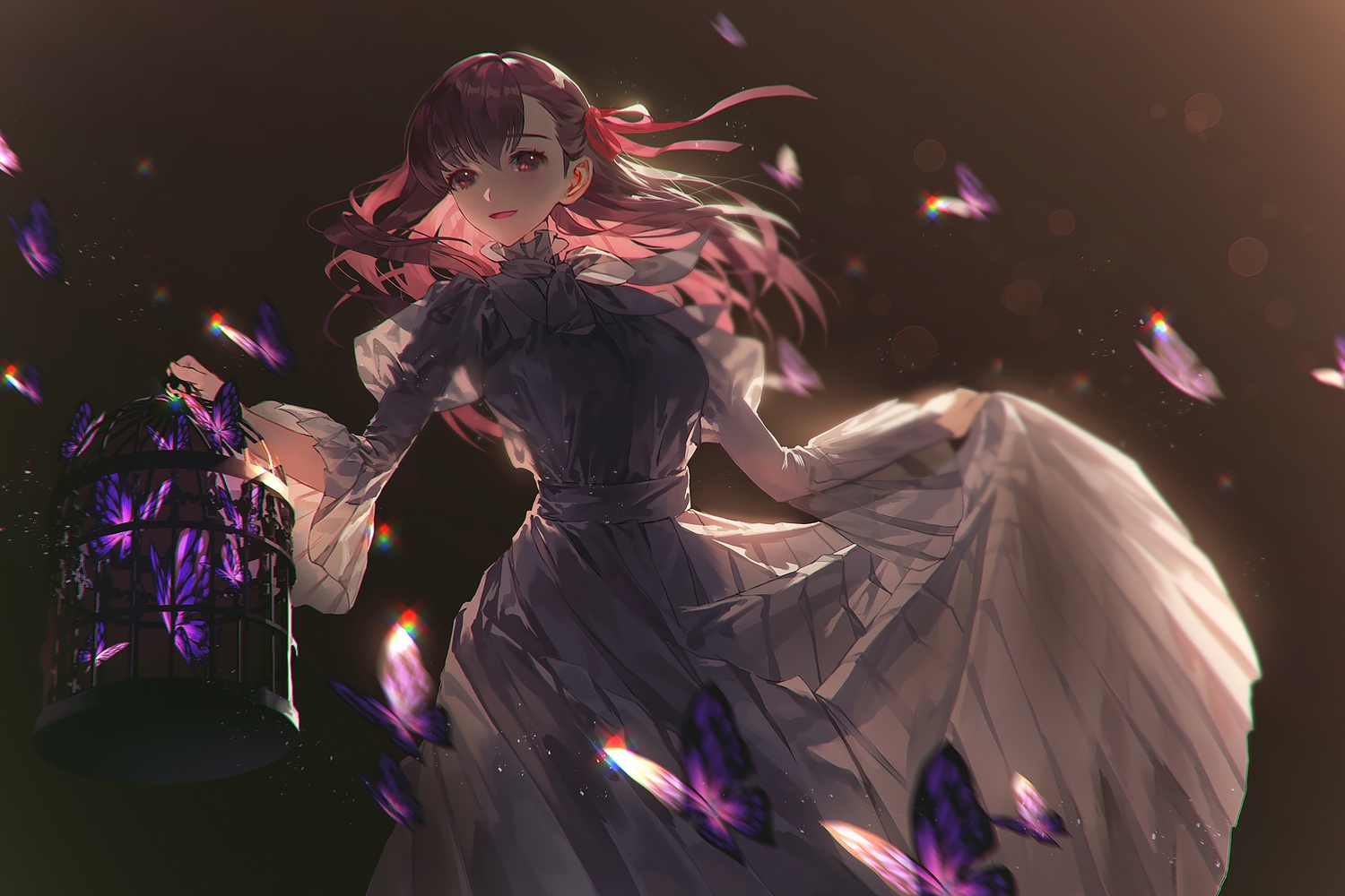 butterfly, cage, fajyobore323, fate_(series), fate/stay_night, gradient, long_hair, matou_sakura