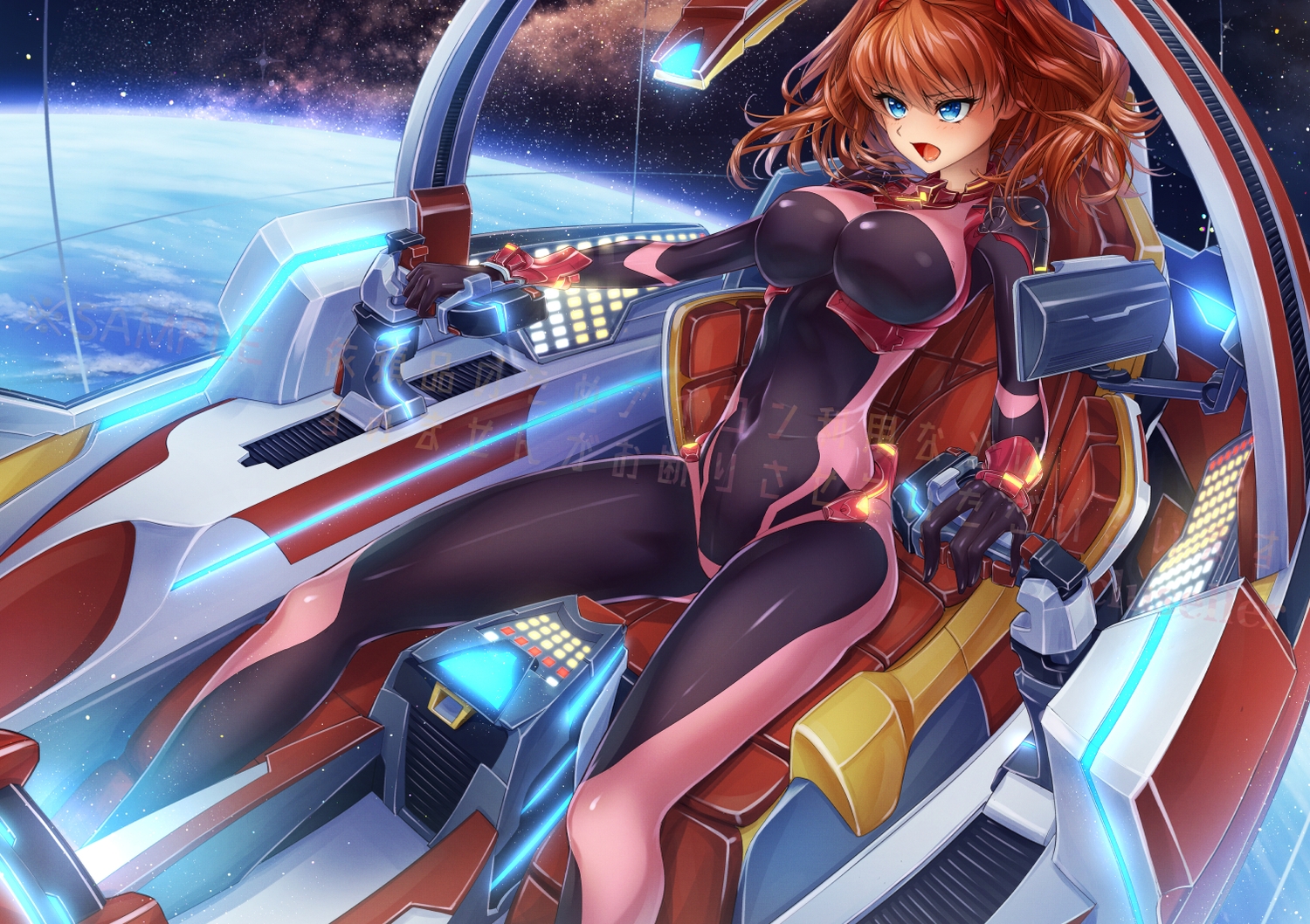 blue_eyes, bodysuit, breasts, brown_hair, cluseller, long_hair, manami_hamill, mechagirl, planet, skintight, stars, super_robot_wars