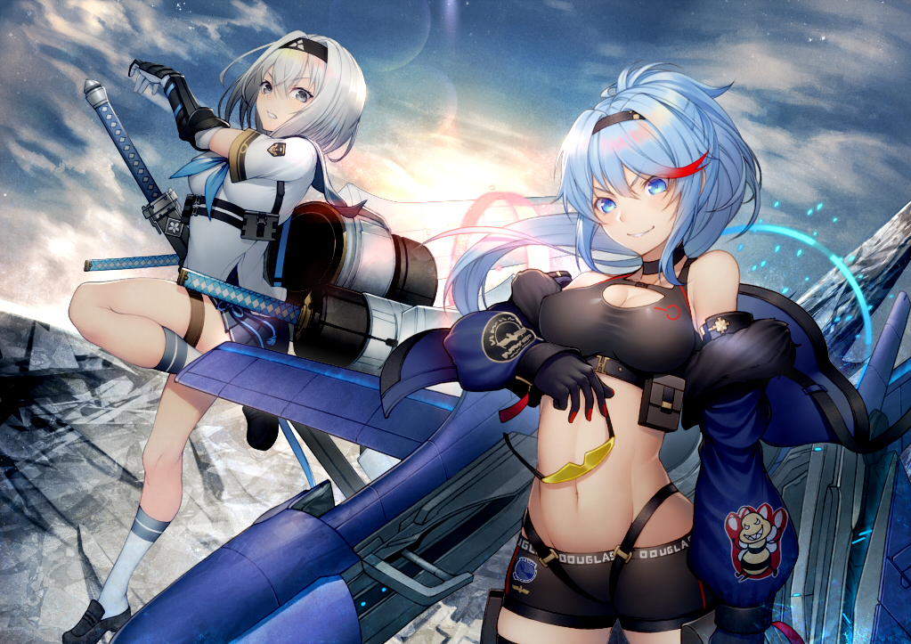 2girls, a6m2b_type_0_model_21_(ash_arms), anthropomorphism, aqua_eyes, aqua_hair, ash_arms, breasts, cleavage