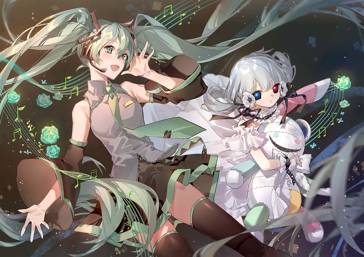 2girls, bicolored_eyes, blush, chain, compass, coquelicot_blanche, dress, flowers, gray_hair, green_eyes, green_hair, hatsune_miku, headphones, loli, long_hair, microphone, music, rose, skirt, thighhighs, tie, twintails, vocaloid, yuzhi