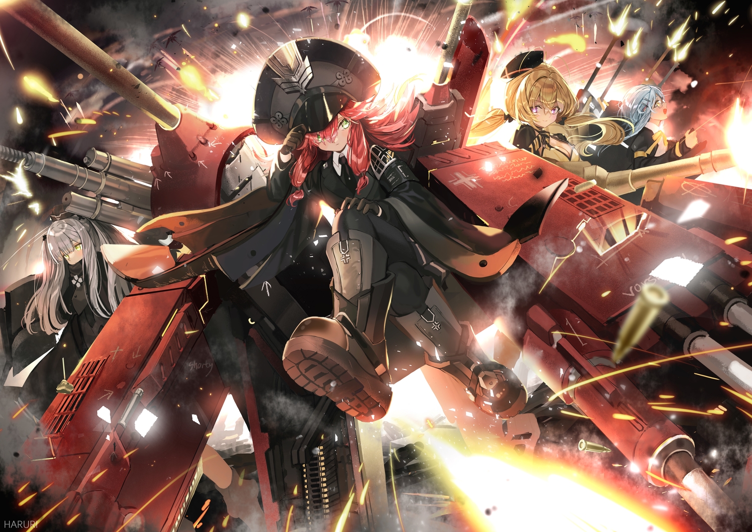 88_flak_(ash_arms), anthropomorphism, ash_arms, flakpanzer_iv_20mm_wirbelwind_(ash_arms), glasses, group, haruri, long_hair, maus_(ash_arms), tagme_(character), twintails, watermark, weapon
