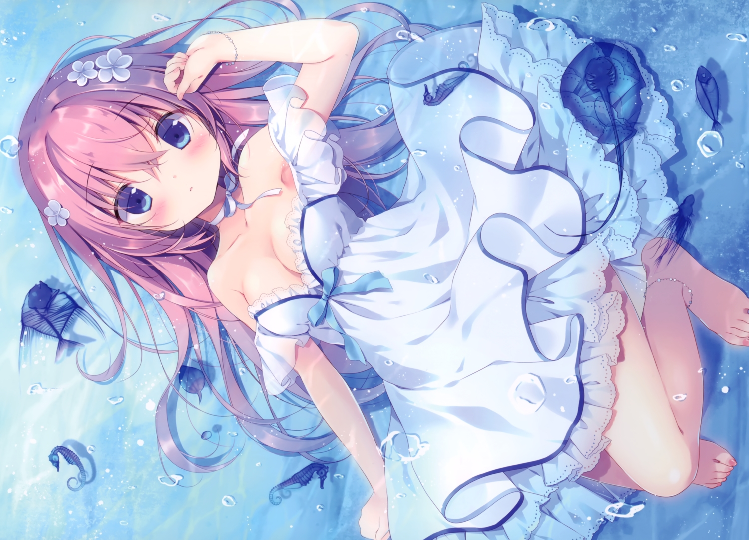 animal, barefoot, blue_eyes, blush, breasts, bubbles, choker, cleavage