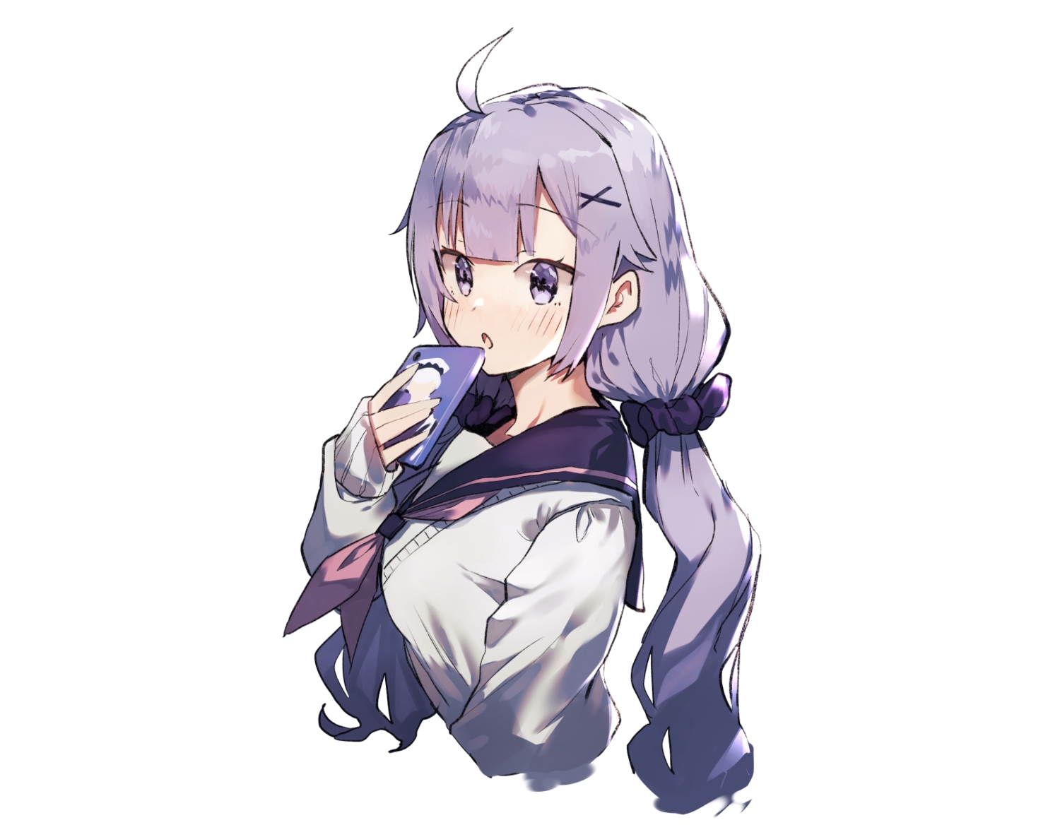 anthropomorphism, azur_lane, blush, kasuka_(kusuki), long_hair, phone, purple_eyes, purple_hair, school_uniform, twintails, unicorn_(azur_lane), white
