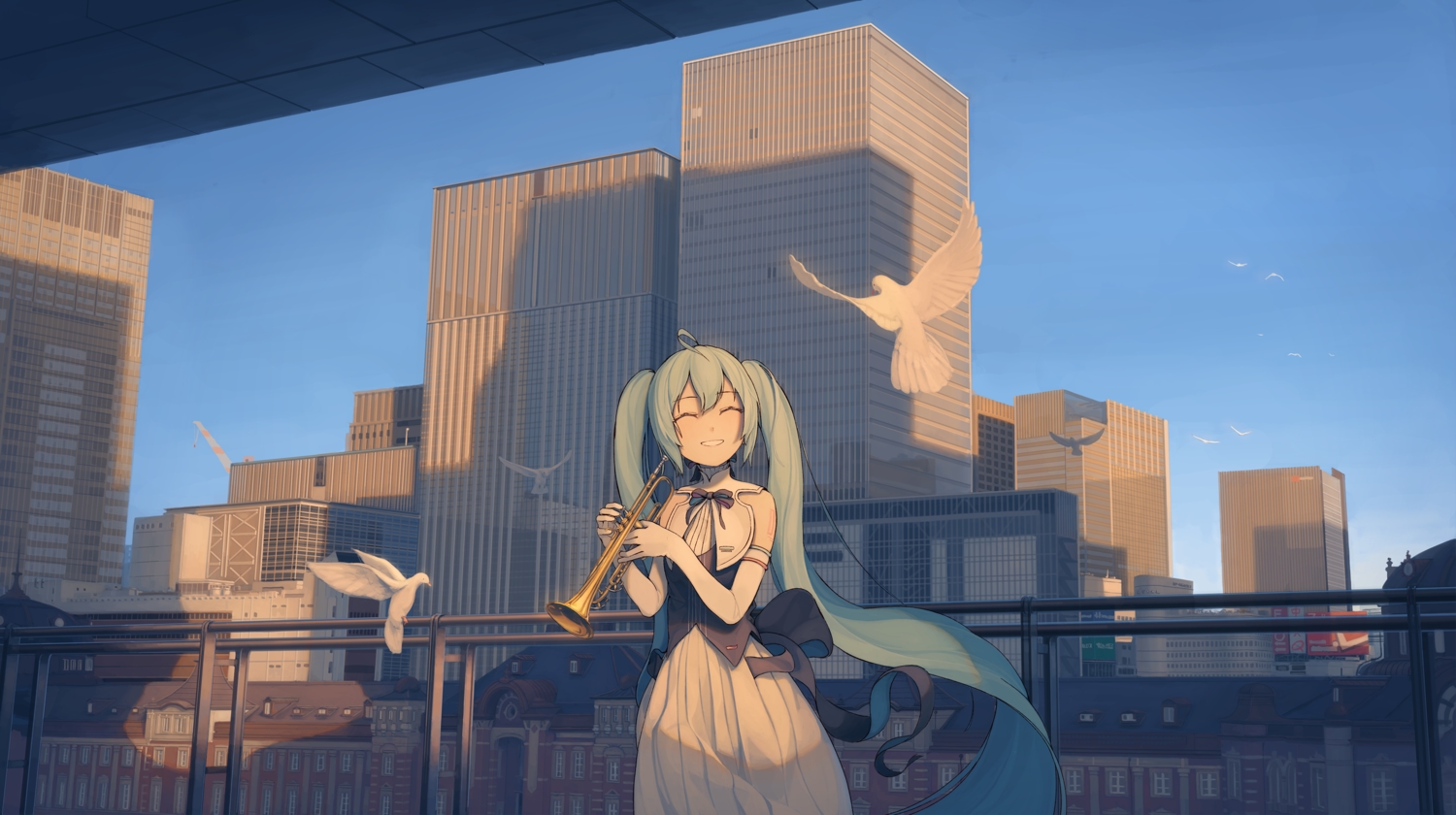 animal, bird, building, city, dress, elbow_gloves, gloves, hatsune_miku