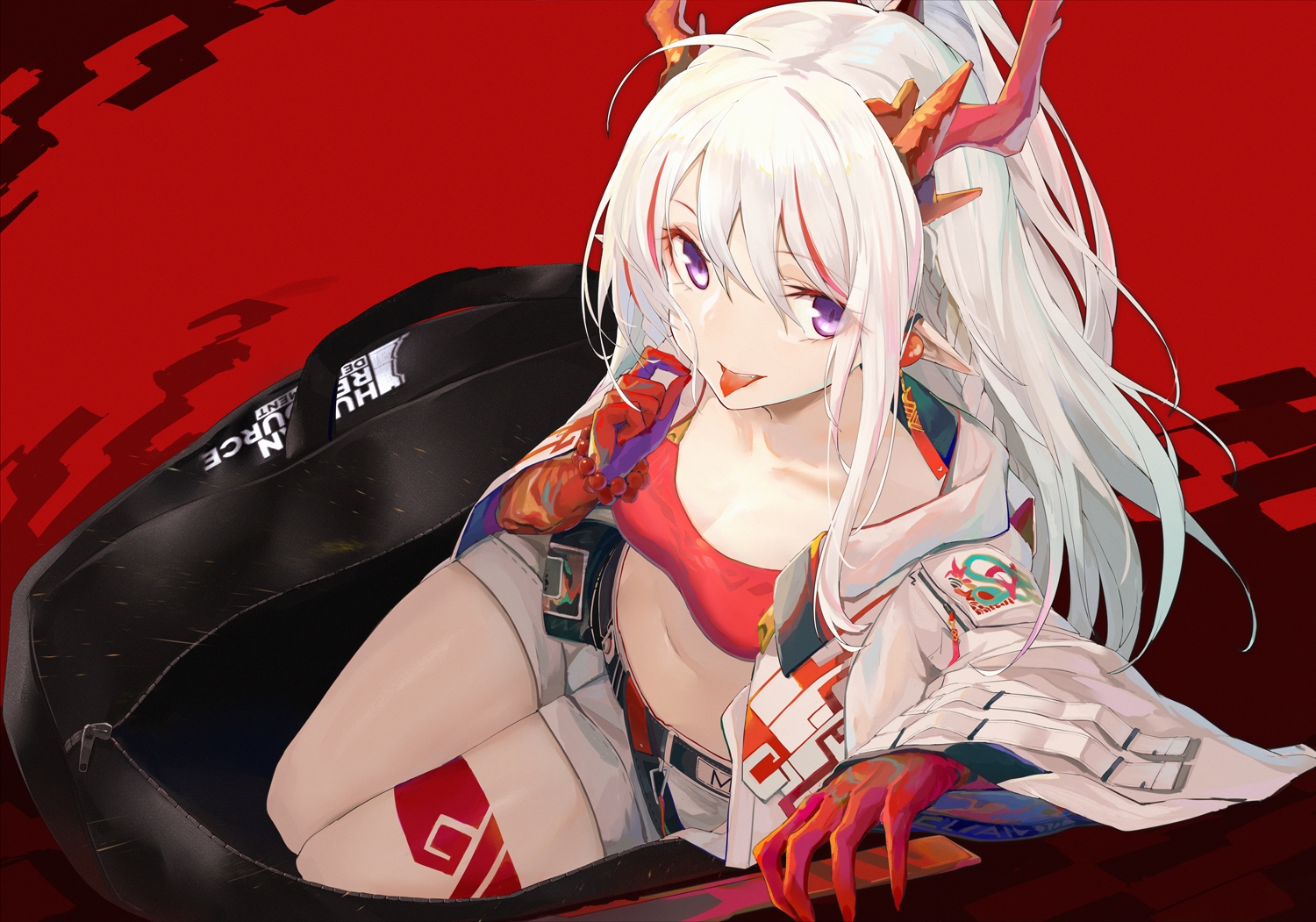 arknights, breasts, cleavage, horns, long_hair, mag_(mag42), navel, nian_(arknights), pointed_ears, ponytail, purple_eyes, shorts, white_hair, wristwear