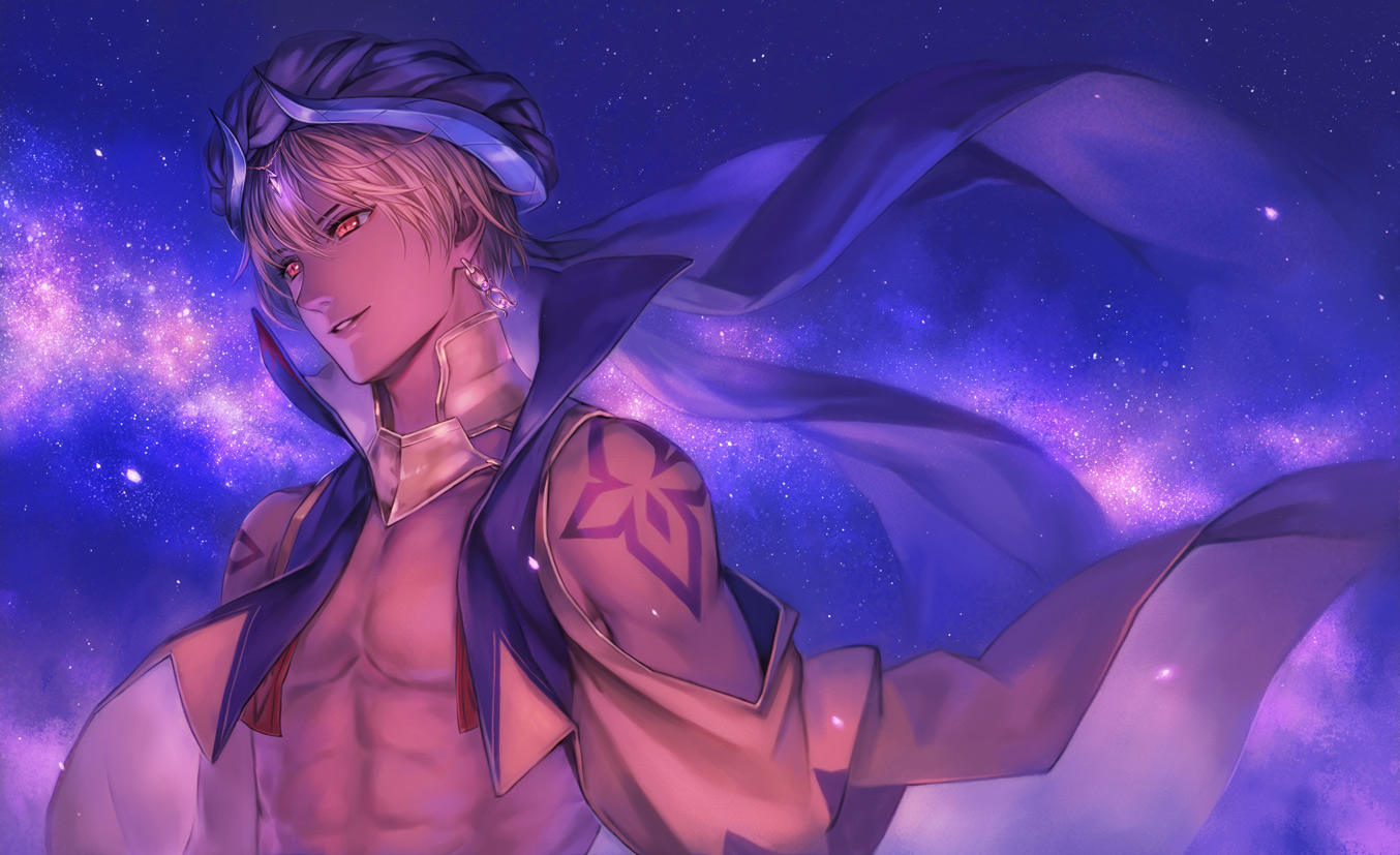 all_male, blonde_hair, fate/grand_order, fate_(series), gilgamesh, kato_ayaka, male, short_hair, sky, stars, tattoo