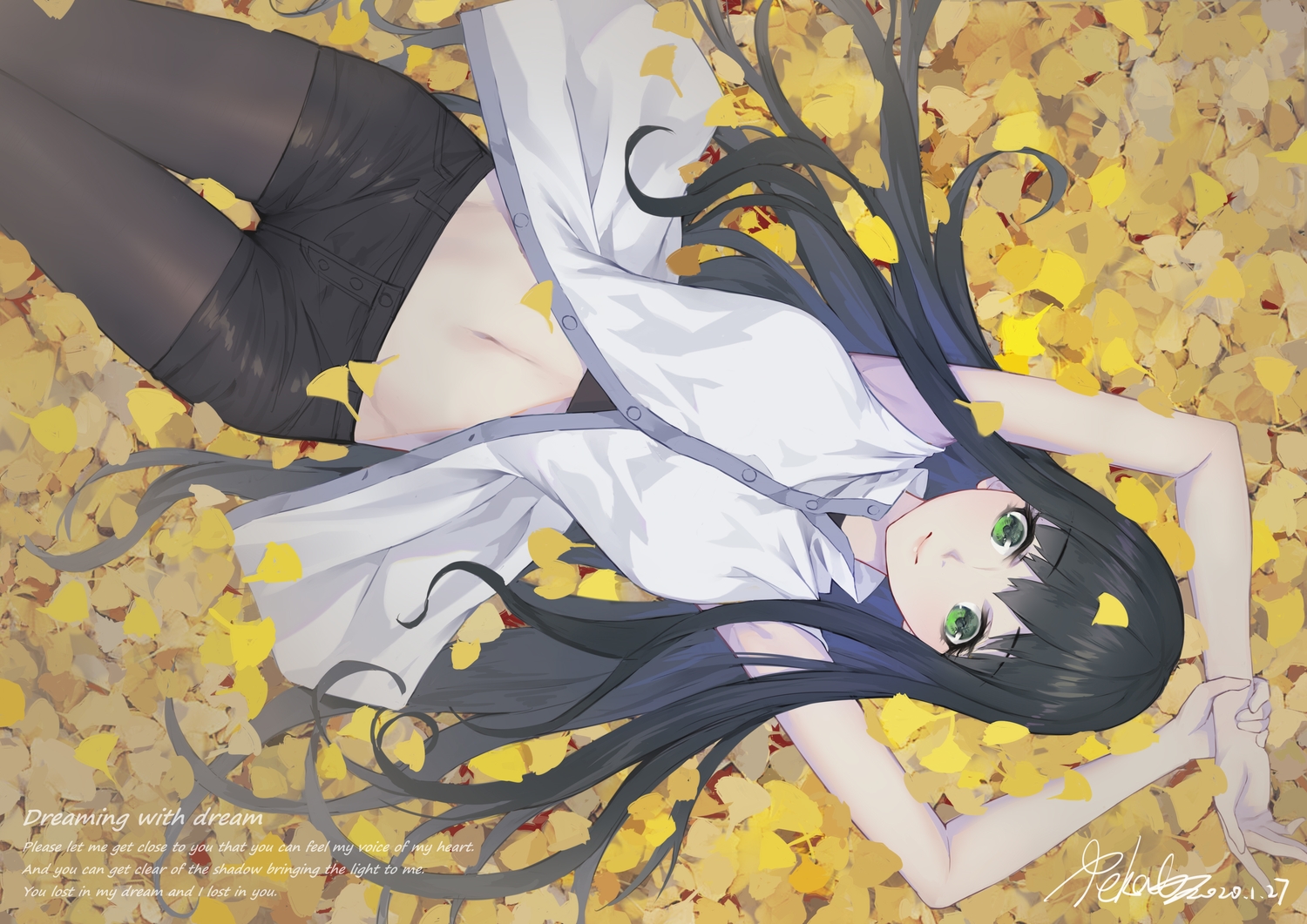 black_hair, green_eyes, leaves, long_hair, navel, original, pantyhose, pekakiu, petals, shorts, signed