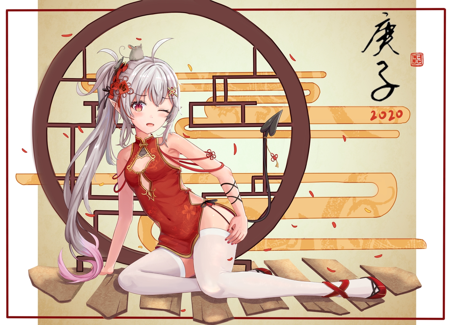 chinese_clothes, chinese_dress, dress, long_hair, original, pointed_ears, ponytail, sechka