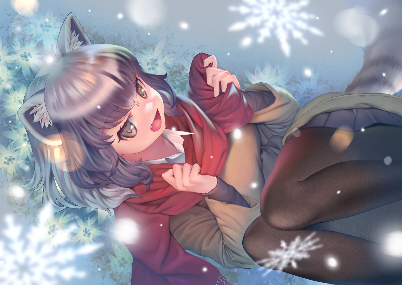 animal_ears, anthropomorphism, brown_eyes, brown_hair, common_raccoon_(kemono_friends), fang, kemono_friends, mifu_(b24vc1)