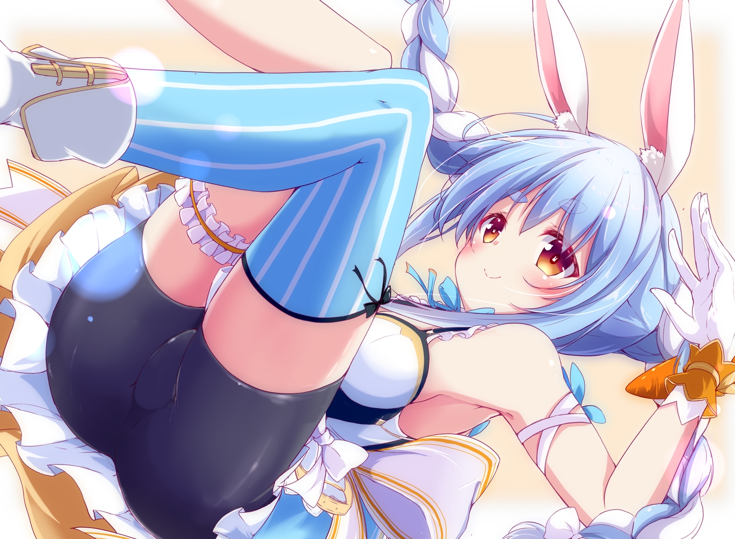 animal_ears, bike_shorts, blue_hair, braids, brown_eyes, bunny_ears, bunnygirl, garter, gloves, hololive, long_hair, nanaume_(shichimi_tougarashi), shorts, thighhighs, twintails, usada_pekora