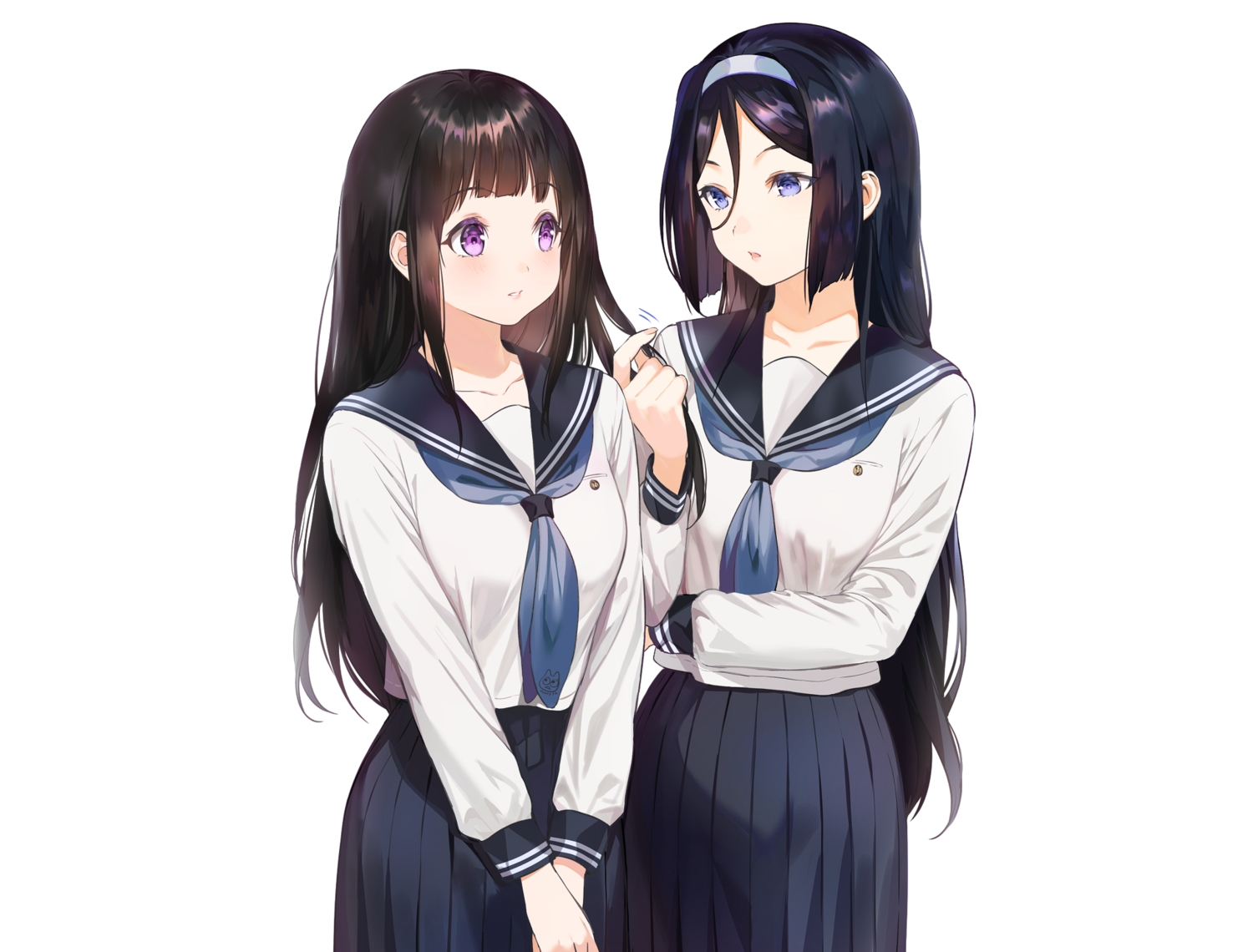 2girls, black_hair, blue_eyes, blush, chitanda_eru, headband, hyouka, irisu_fuyumi