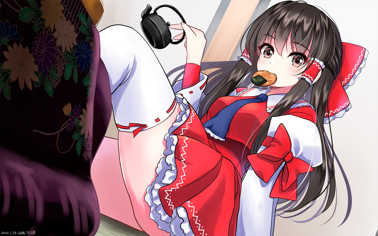 black_hair, blush, brown_eyes, food, hakurei_reimu, japanese_clothes, long_hair, miko, signed, thighhighs, tie, touhou, yamaguchi_yuu