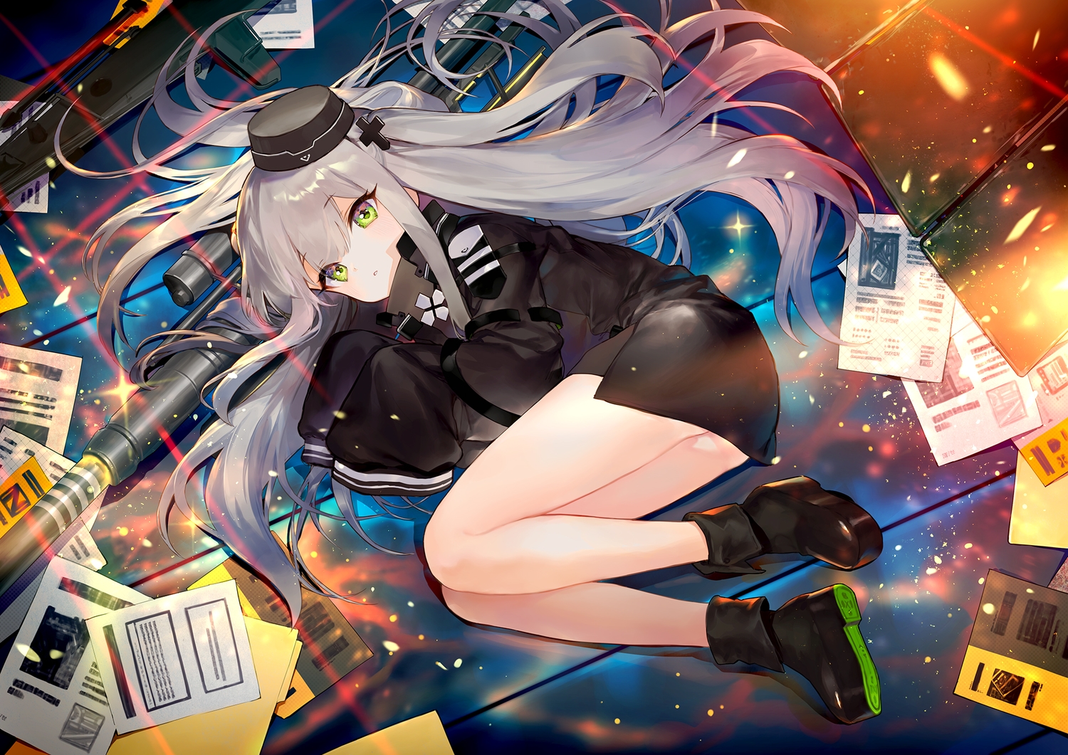 88_flak_(ash_arms), ainy77, anthropomorphism, ash_arms, boots, dress, gray_hair, green_eyes, gun, hat, long_hair, paper, twintails, weapon