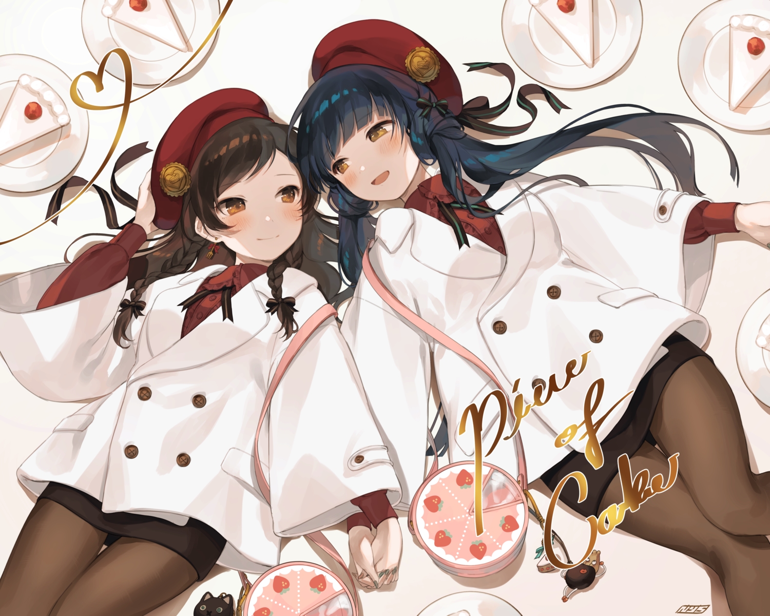 2girls, blue_hair, blush, brown_eyes, brown_hair, cake, food, hat