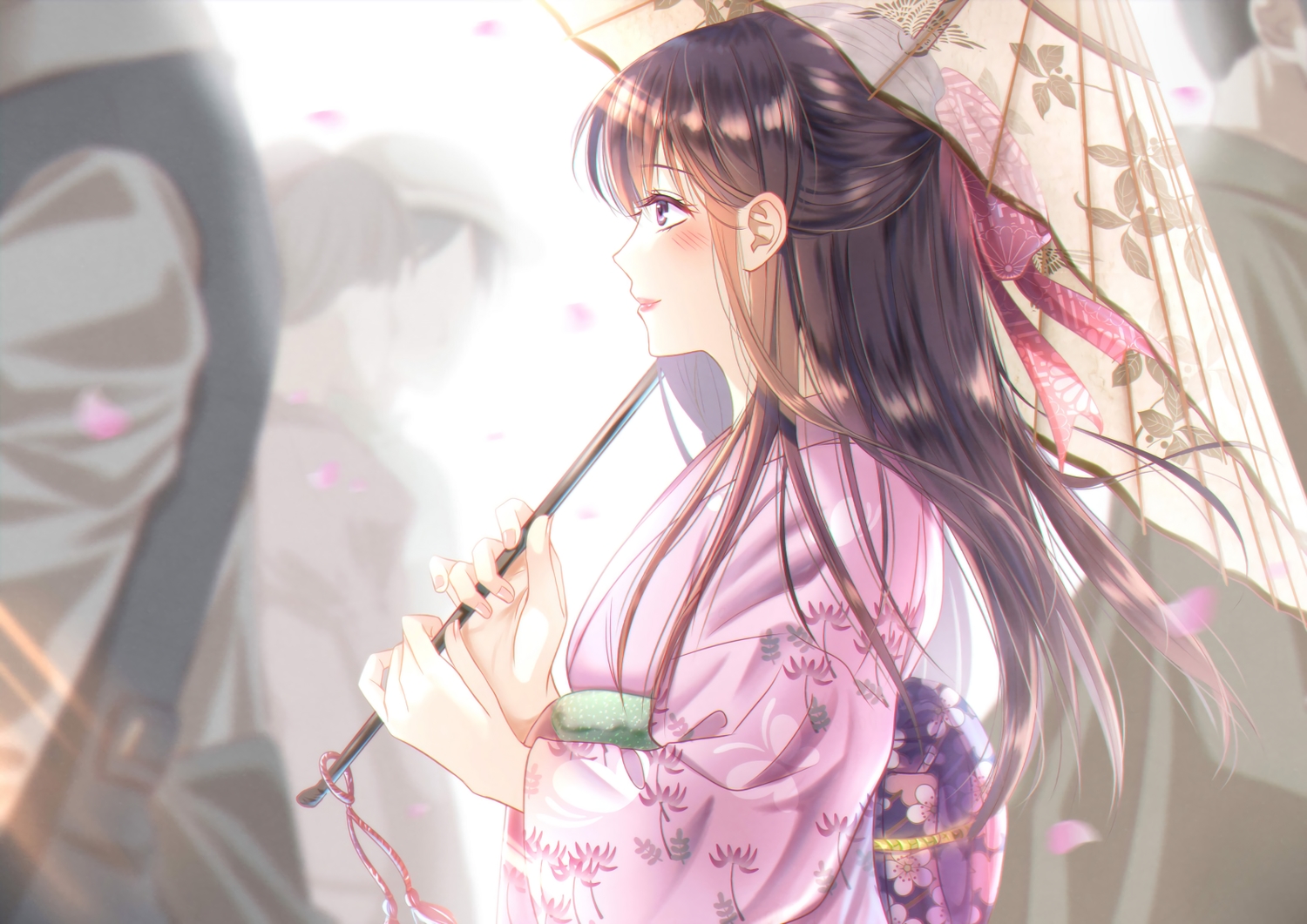 blush, brown_hair, izumi_(stardustalone), japanese_clothes, kimono, long_hair, original, petals, purple_eyes, renri_no_chigiri_wo_kimi_to_shiru, umbrella