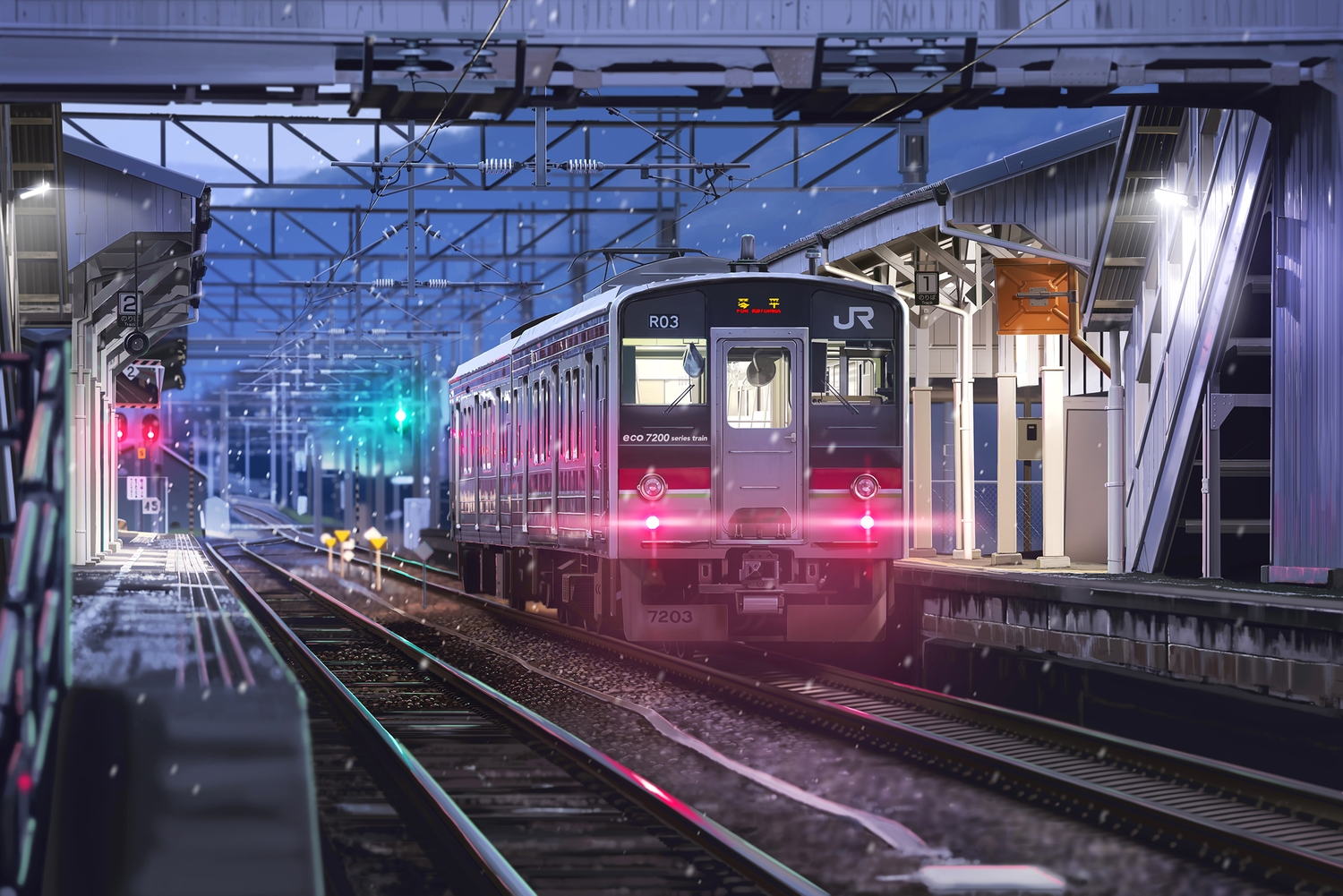 hankachi_(okayama012), night, no_humans, original, realistic, scenic, snow, train