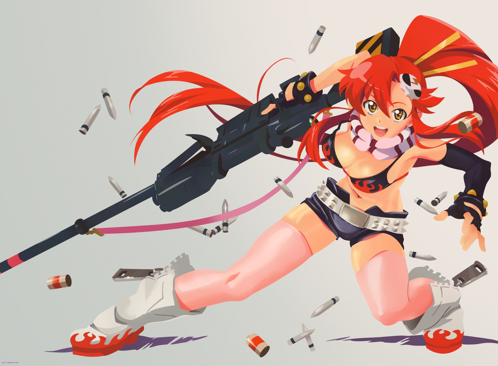 bikini_top, boots, breasts, cleavage, gray, gun, nishigori_atsushi, red_hair
